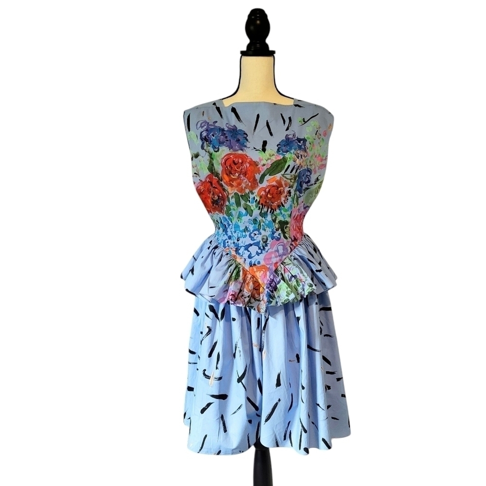 Christopher Kane blue floral brushstrokes peplum sleeveless dress size 2
